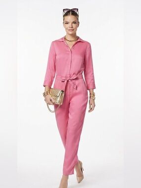 Pink Long Sleeve Button-Front Tie-Waist Utility Jumpsuit